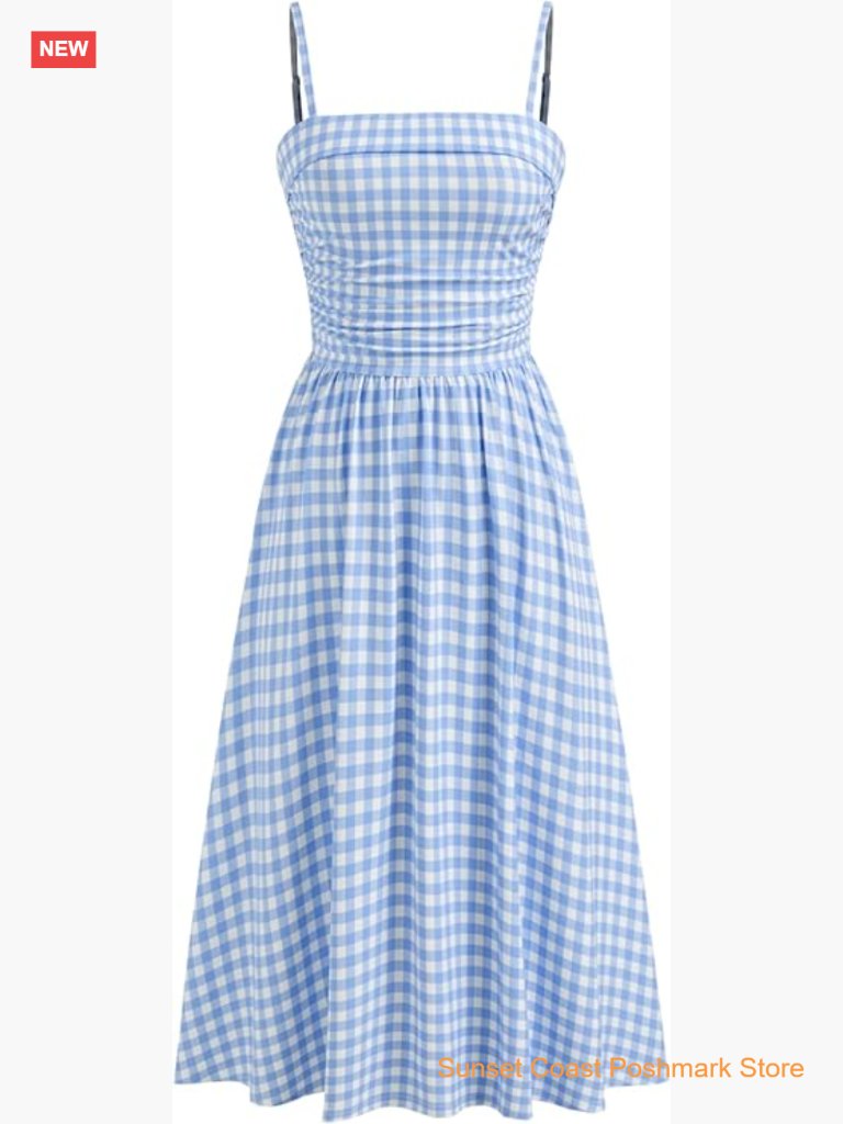 Gingham Midi Dress Sleeveless Ruched Plaid Spaghetti Strap A-Line Scoop Neck